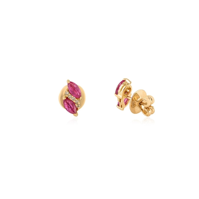 14K Gold Marquise Cut Ruby & Diamond Dainty Stud Earrings