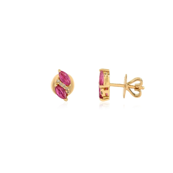 14K Gold Marquise Cut Ruby & Diamond Dainty Stud Earrings Image