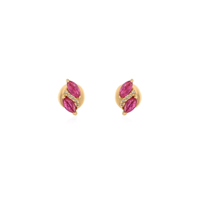 14K Gold Marquise Cut Ruby & Diamond Dainty Stud Earrings