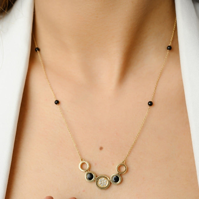 14K Gold Black Onyx & Diamond Art Deco Statement Necklace