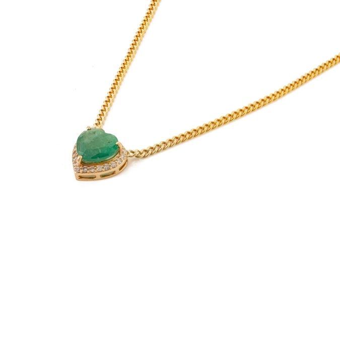 Mid Century 1.29ct Emerald Heart Necklace With Diamonds in 14k Gold