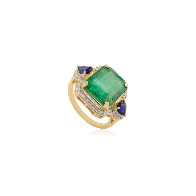 14K Gold 6.53ct Emerald Sapphire & Diamond Statement Cocktail Ring