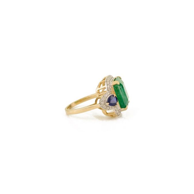 14K Gold 6.53ct Emerald Sapphire & Diamond Statement Cocktail Ring