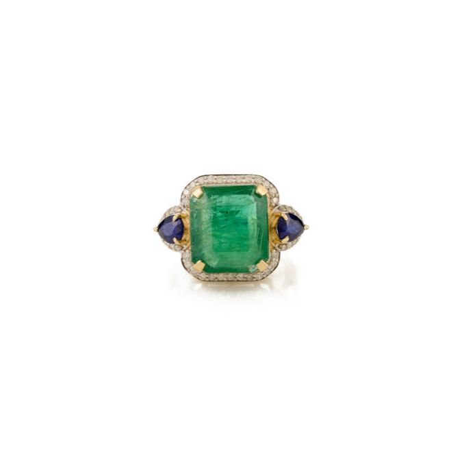 14K Gold 6.53ct Emerald Sapphire & Diamond Statement Cocktail Ring