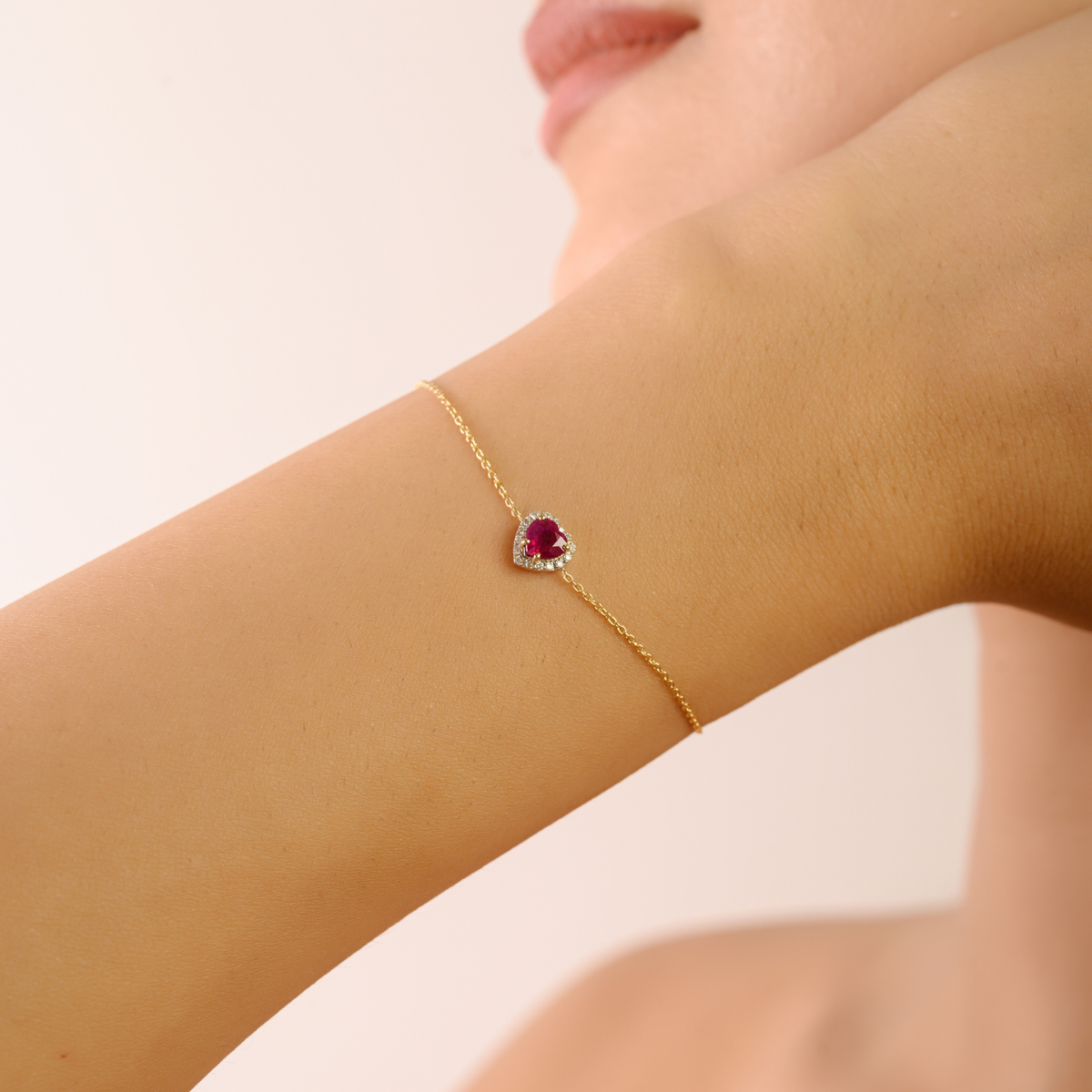 14K Timeless Heart Ruby Halo Diamond Bracelet For Christmas
