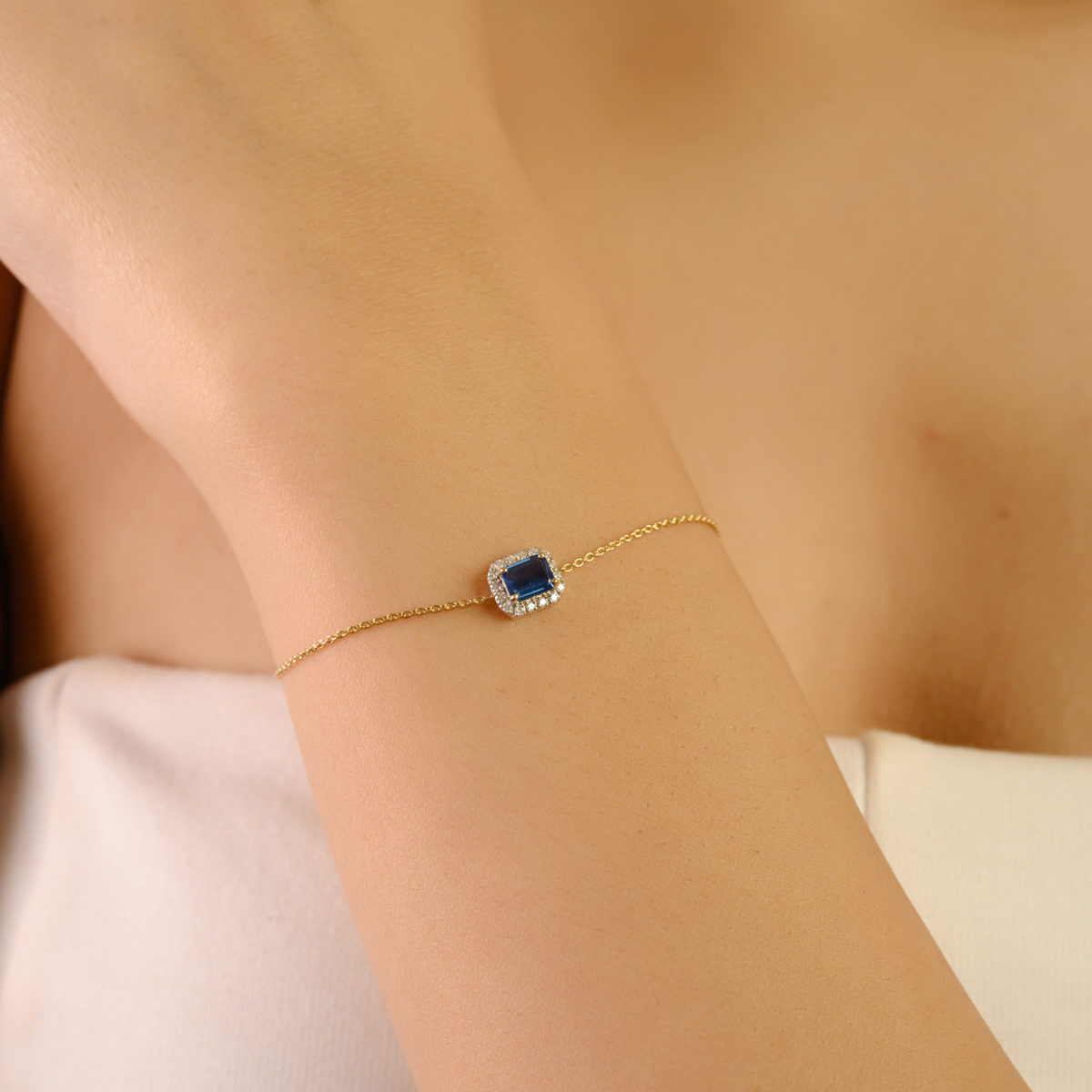 14K Cluster Diamond Halo Blue Sapphire Wedding Bracelet