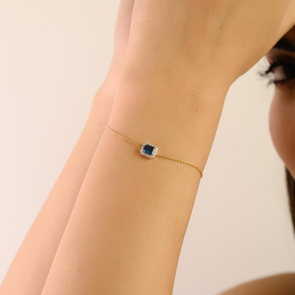 14K Cluster Diamond Halo Blue Sapphire Wedding Bracelet Image