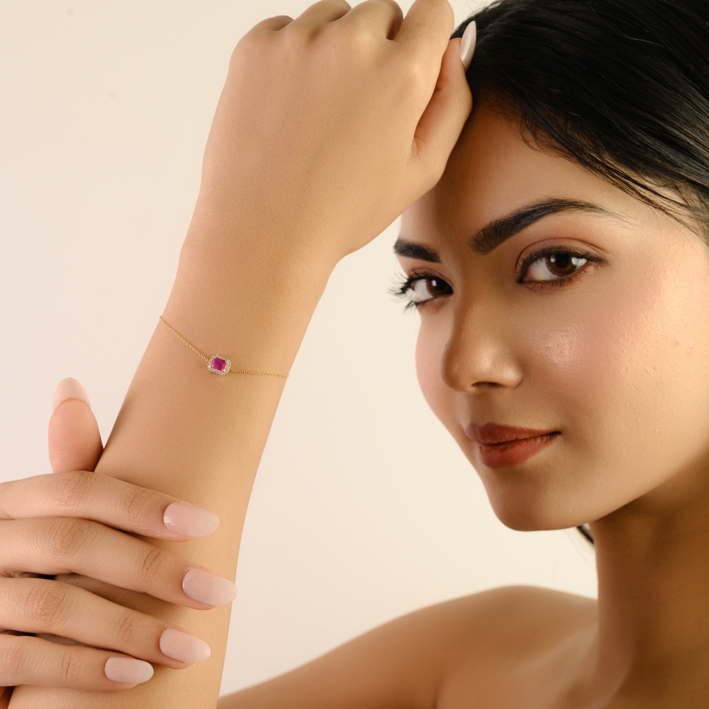 14K Prong Set Ruby Halo Diamond Chain Bracelet For Her Image