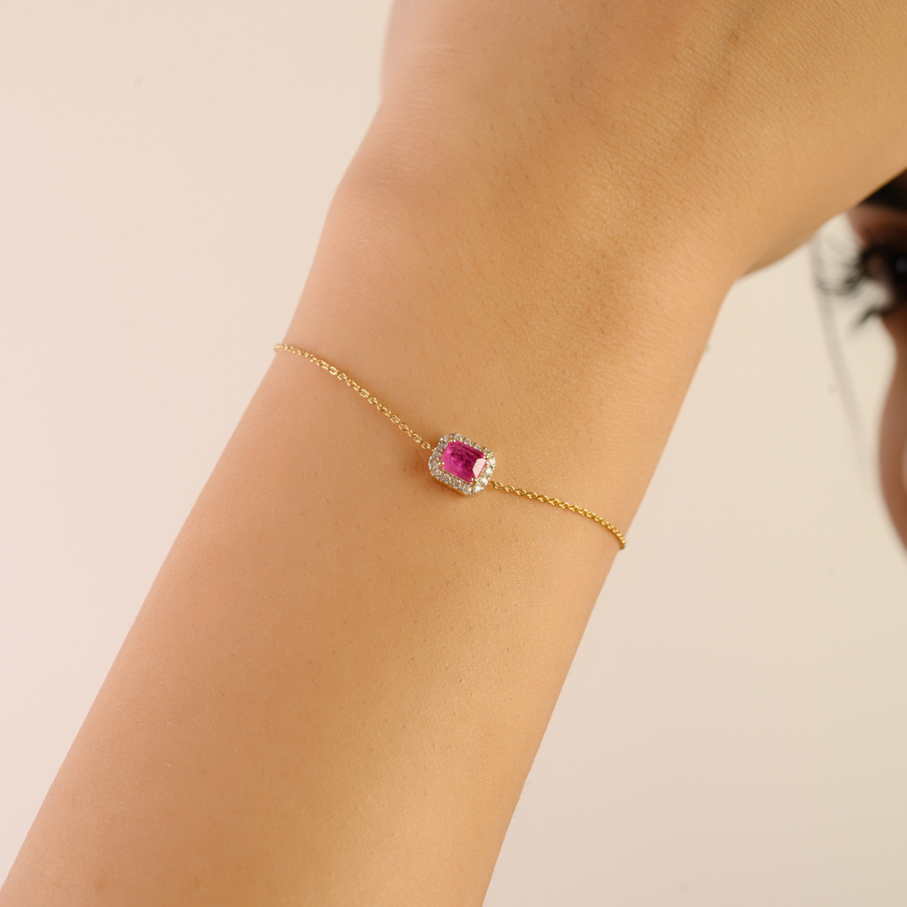 14K Prong Set Ruby Halo Diamond Chain Bracelet For Her Image