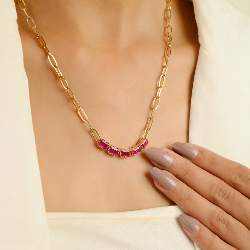 18K Perperclip Chain Ruby Statement Necklace For Her Image