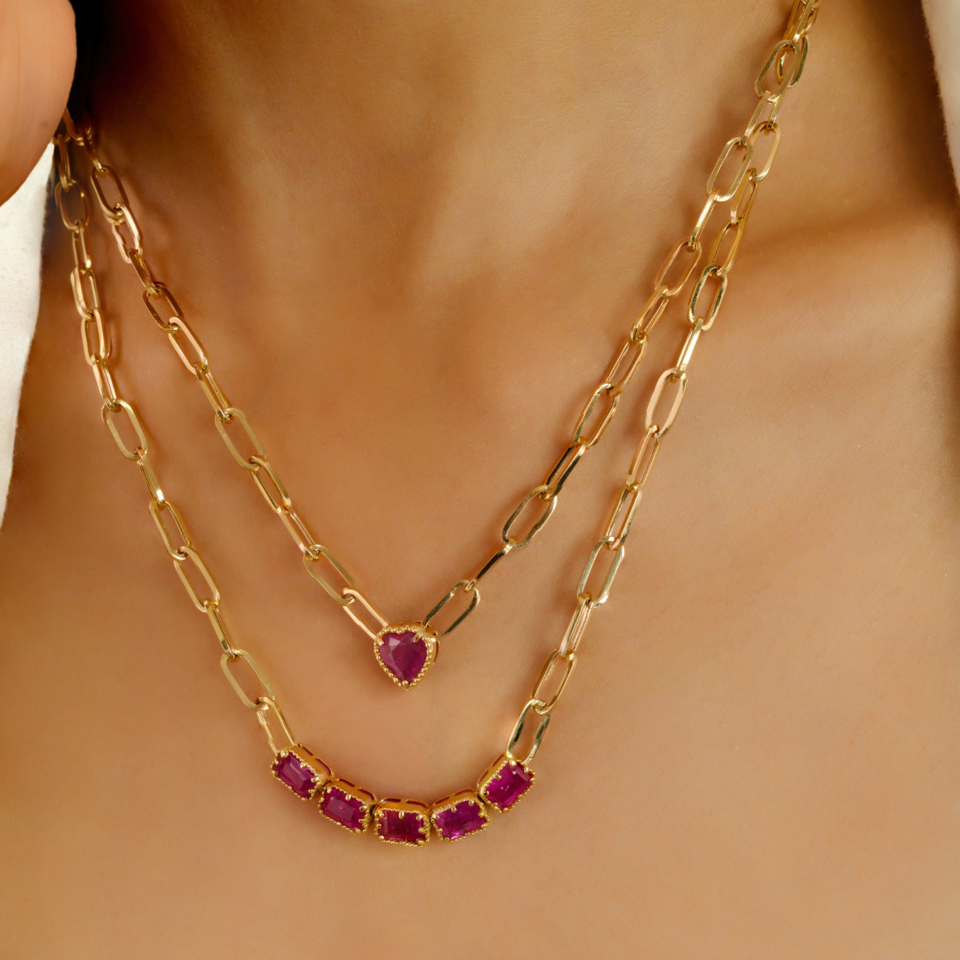 18K Perperclip Chain Ruby Statement Necklace For Her