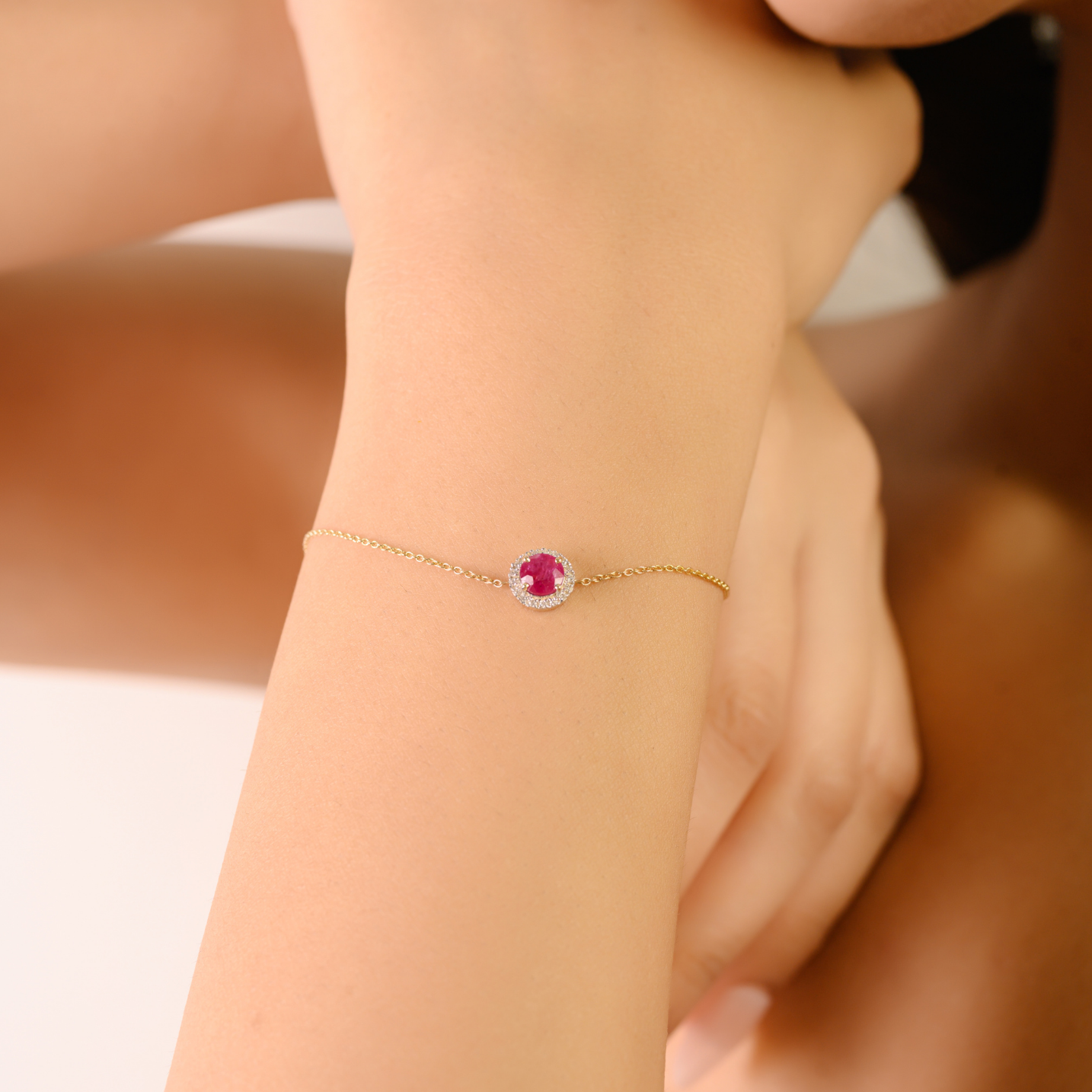 14K Art Deco Halo Diamond Cluster Ruby Bracelet