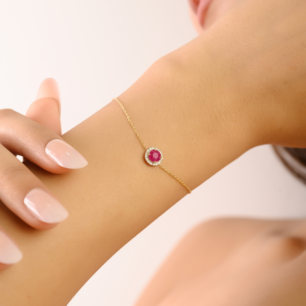 14K Art Deco Halo Diamond Cluster Ruby Bracelet Image