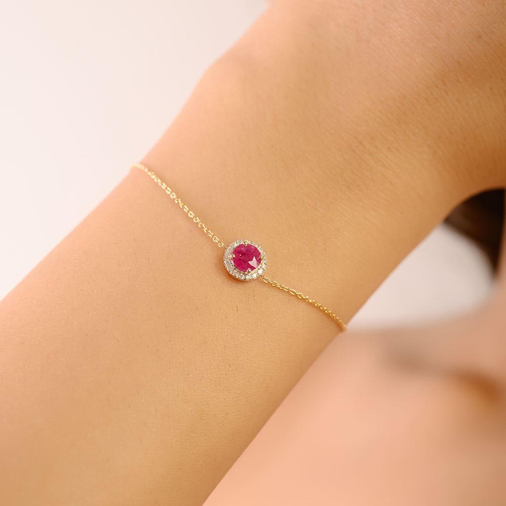 14K Art Deco Halo Diamond Cluster Ruby Bracelet Image