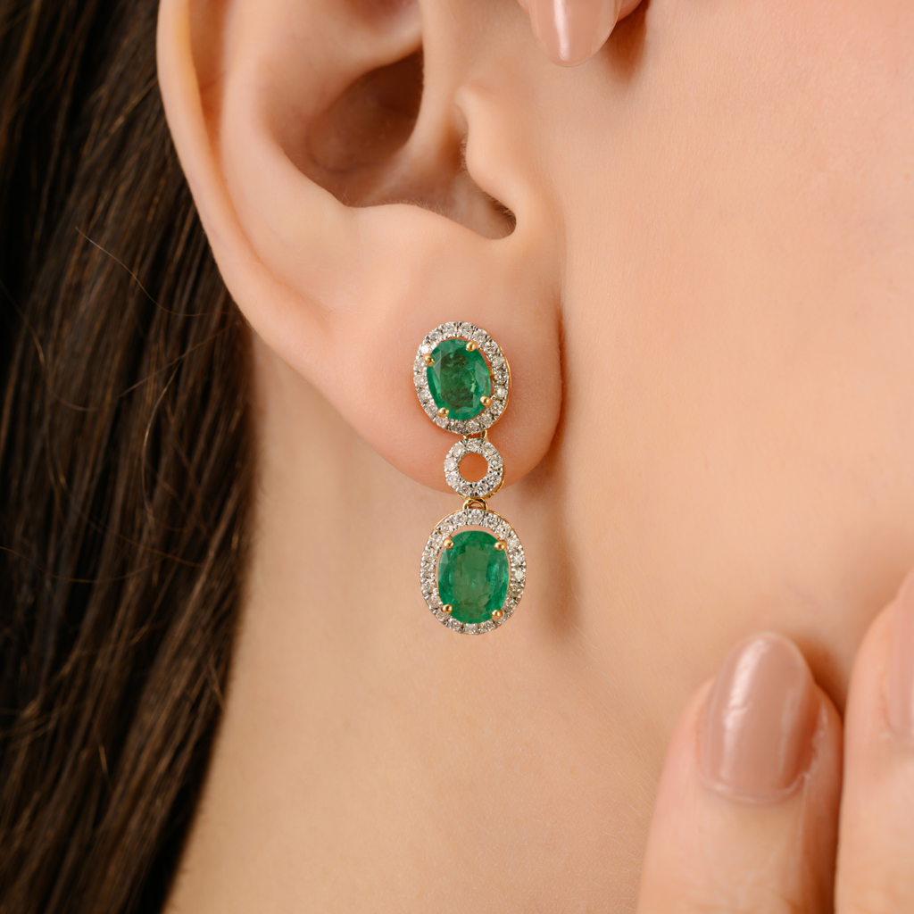 18K Modern Two-Tier Emerald Diamond Halo Drop Earrings Image