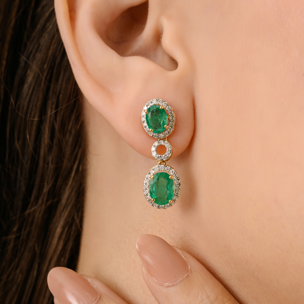18K Modern Two-Tier Emerald Diamond Halo Drop Earrings Image