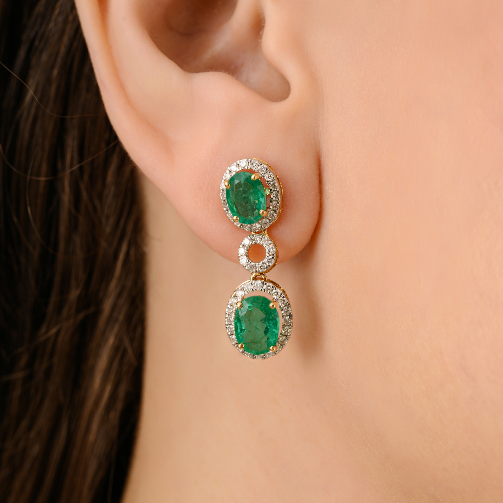 18K Modern Two-Tier Emerald Diamond Halo Drop Earrings