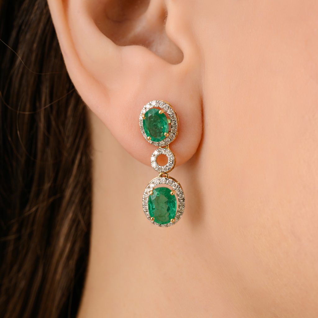 18K Modern Two-Tier Emerald Diamond Halo Drop Earrings Image