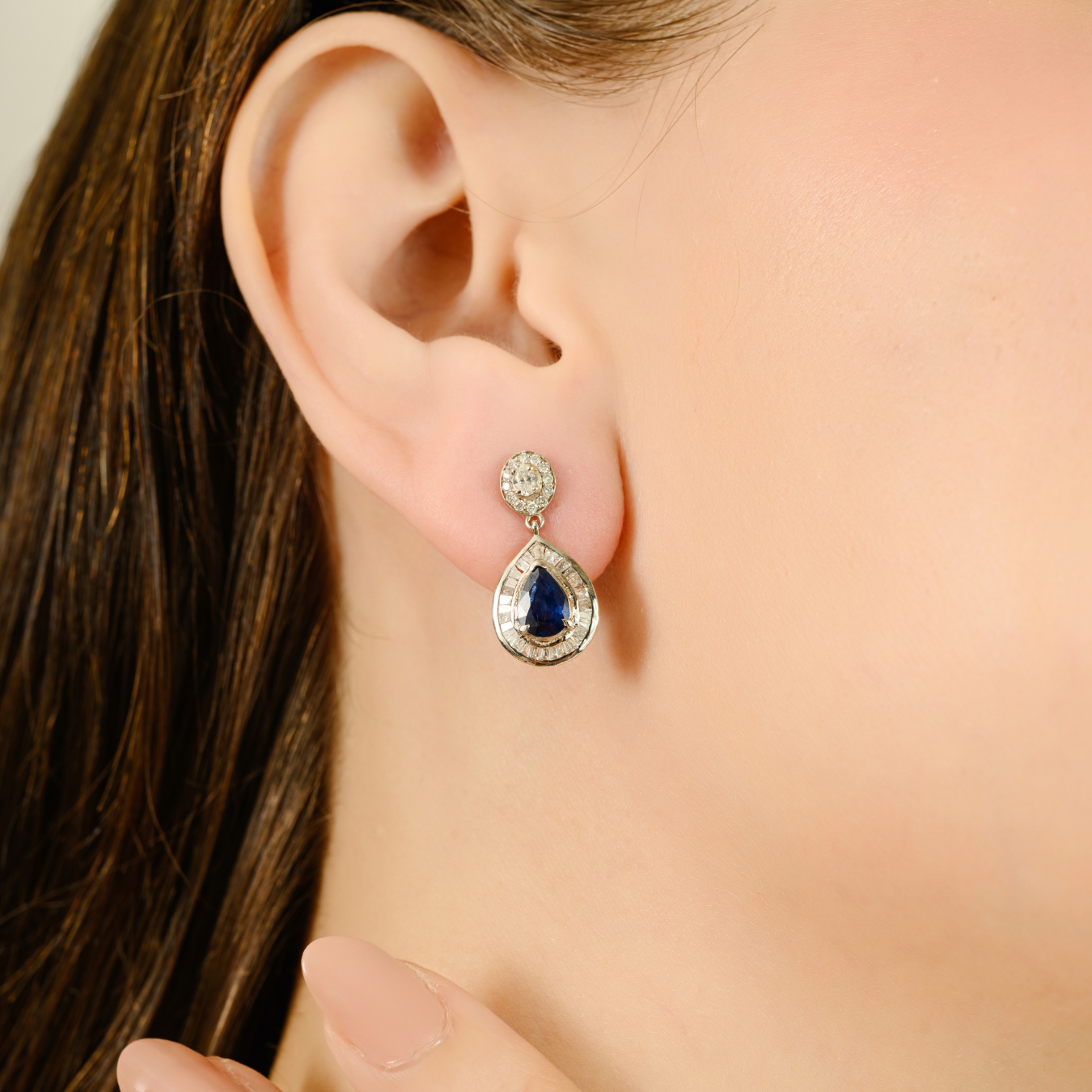 14K Pear Sapphire Diamond Cluster Drop Earrings