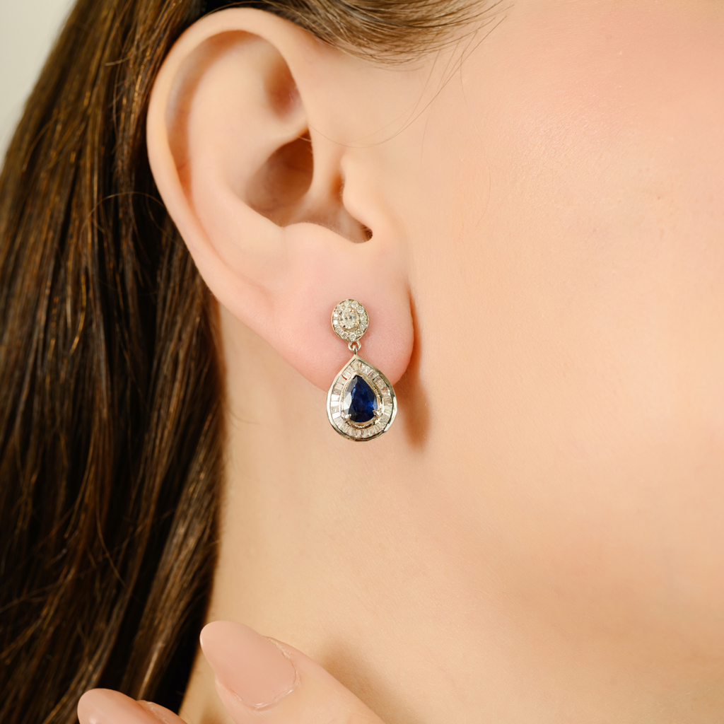 14K Pear Sapphire Diamond Cluster Drop Earrings Image