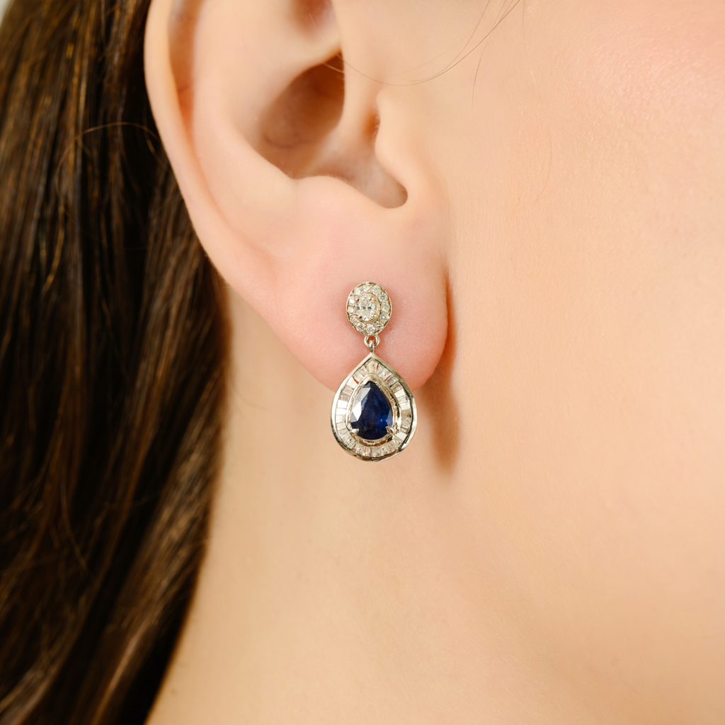 14K Pear Sapphire Diamond Cluster Drop Earrings Image