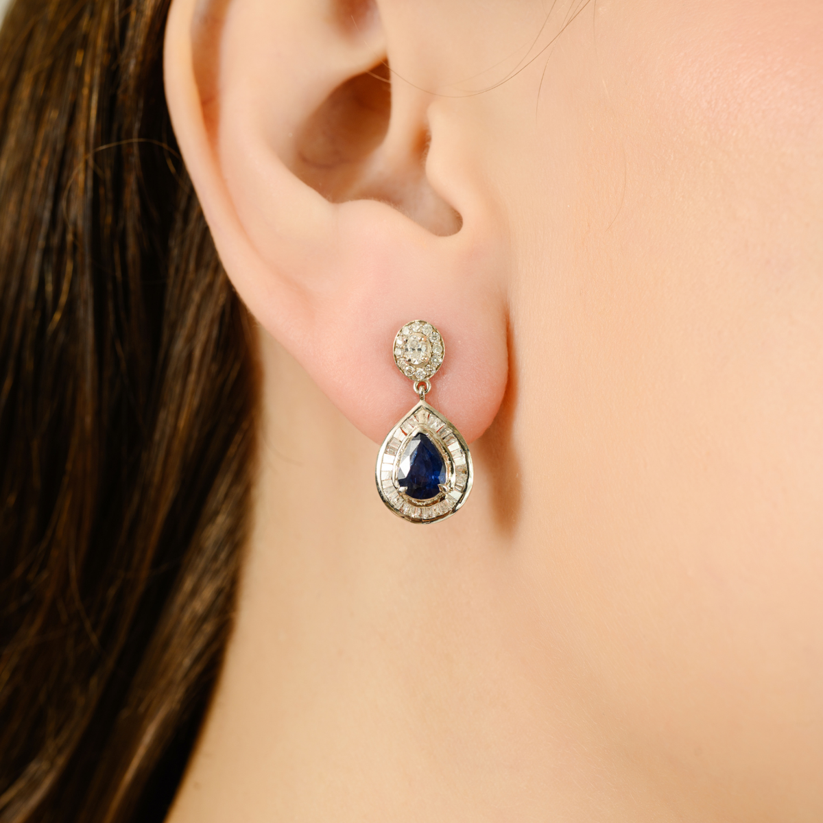 14K Pear Sapphire Diamond Cluster Drop Earrings
