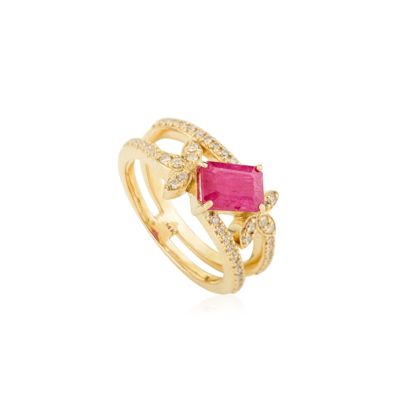 14K Floral Ruby Diamond Cluster Band Ring