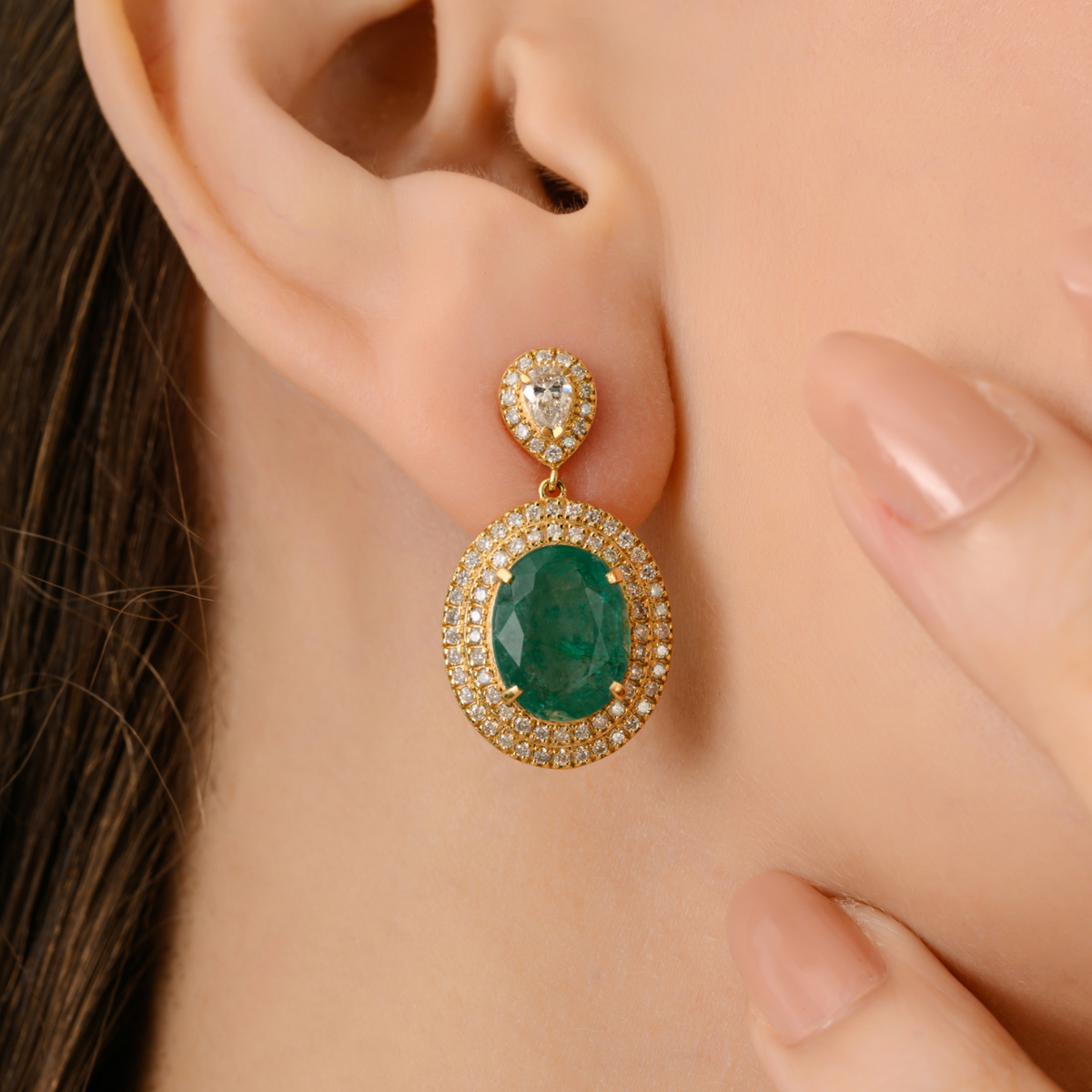 18K Double Halo Cluster Diamond Emerald Drop Earrings