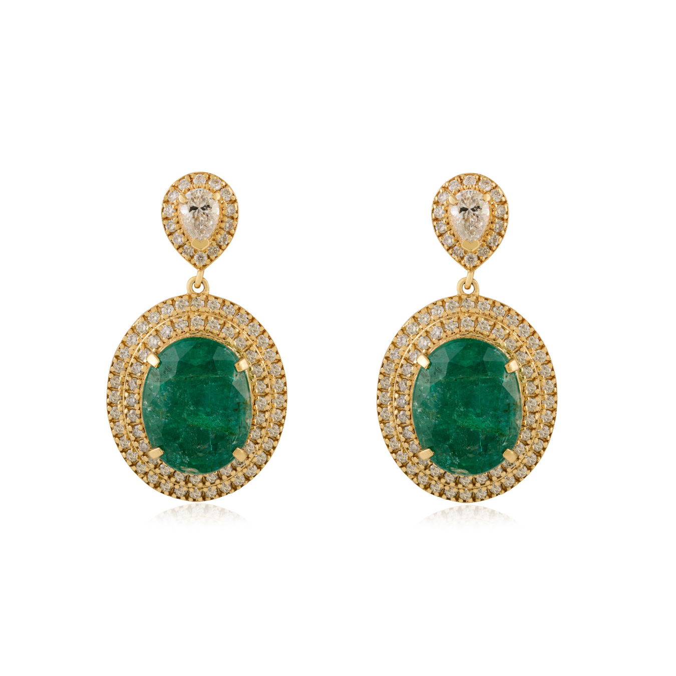 18K Double Halo Cluster Diamond Emerald Drop Earrings