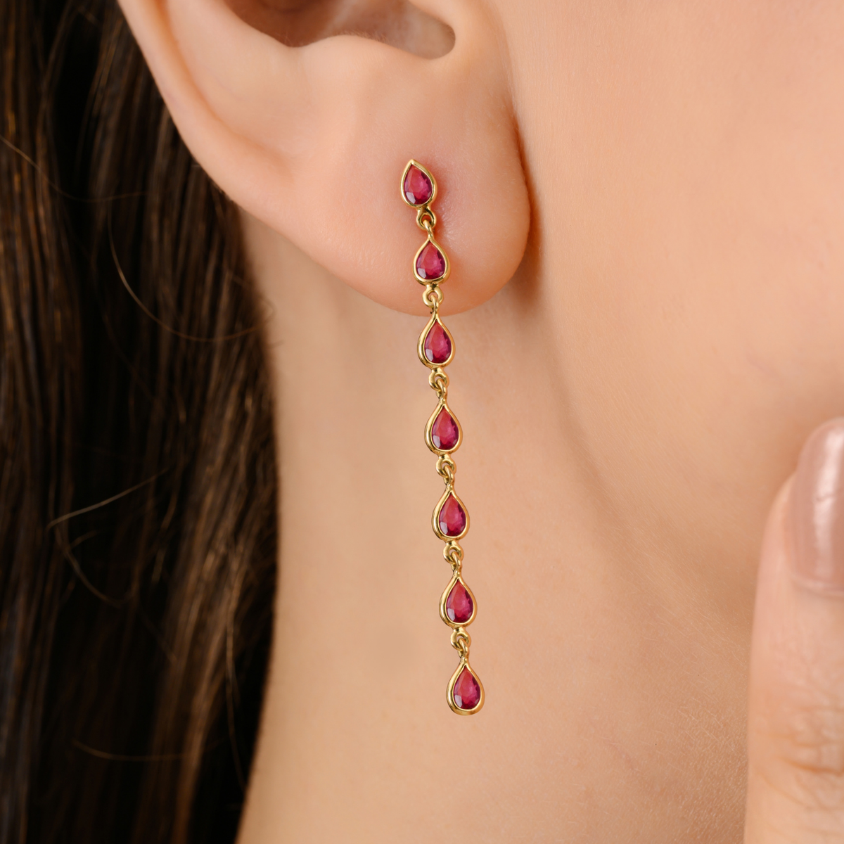 14K Long Pear Cut Ruby Linear Drop Earrings For Dinner