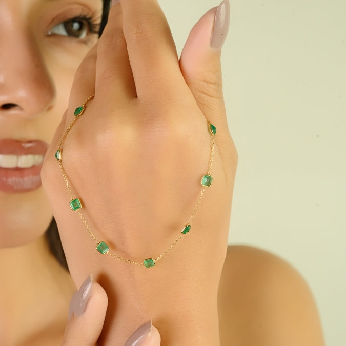 18K Gold Modern Emerald Station Chain Bracelet For Her