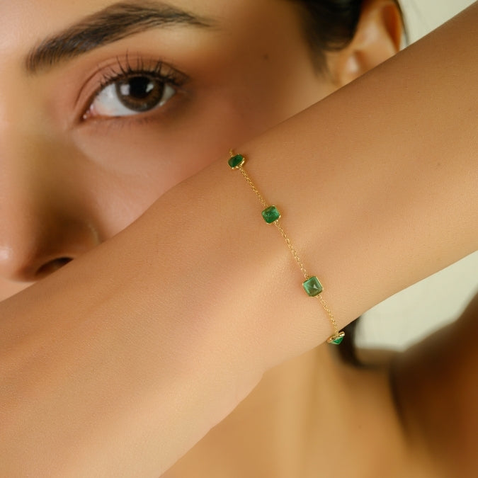 18K Gold Modern Emerald Station Chain Bracelet For Her
