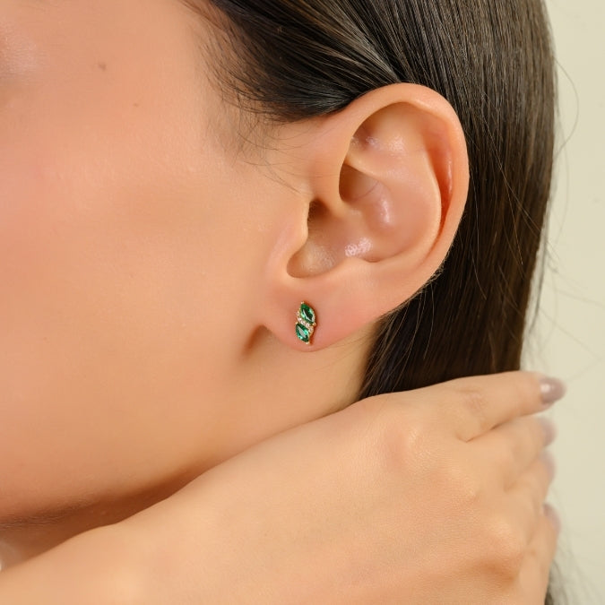 14K Gold Marquise Cut Emerald Diamond Dantiy Stud Earrings