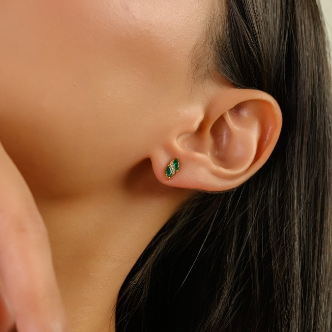 14K Gold Marquise Cut Emerald Diamond Dantiy Stud Earrings