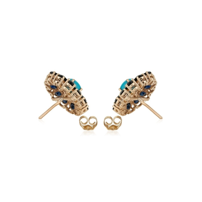 14K Gold Cluster Sapphire & Turquoise Halo Art Deco Earrings