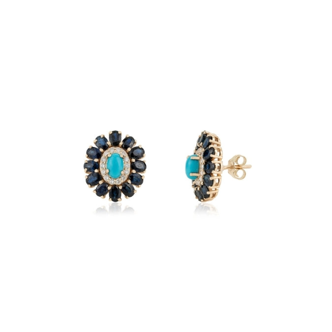 14K Gold Cluster Sapphire & Turquoise Halo Art Deco Earrings