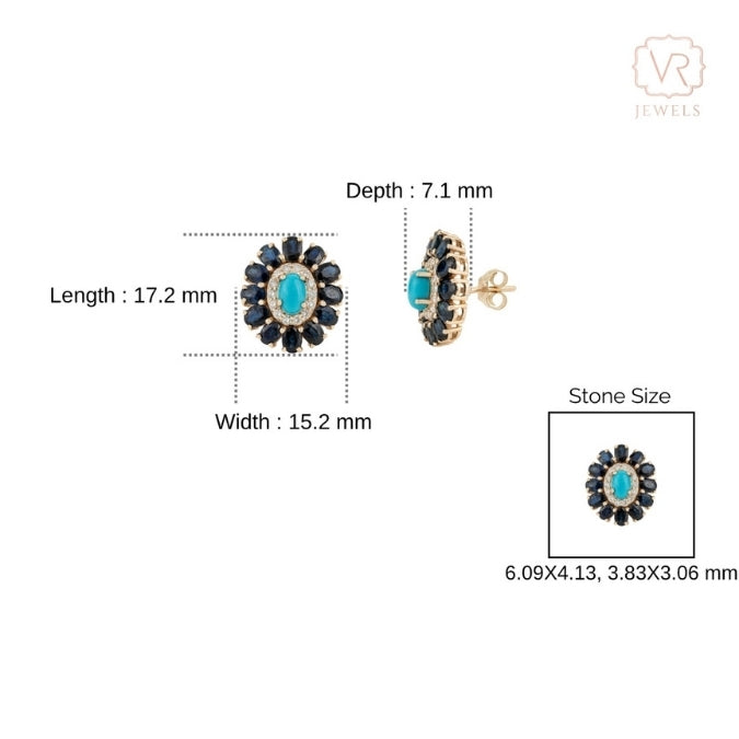 14K Gold Cluster Sapphire & Turquoise Halo Art Deco Earrings