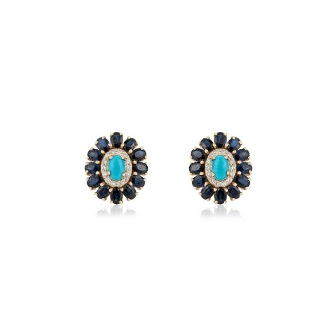 14K Gold Cluster Sapphire & Turquoise Halo Art Deco Earrings Image