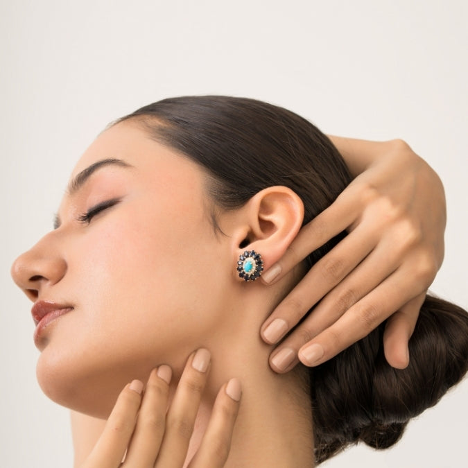 14K Gold Cluster Sapphire & Turquoise Halo Art Deco Earrings Image