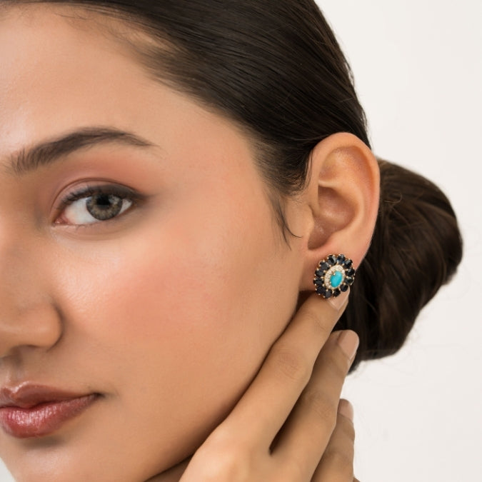 14K Gold Cluster Sapphire & Turquoise Halo Art Deco Earrings Image