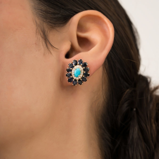 14K Gold Cluster Sapphire & Turquoise Halo Art Deco Earrings