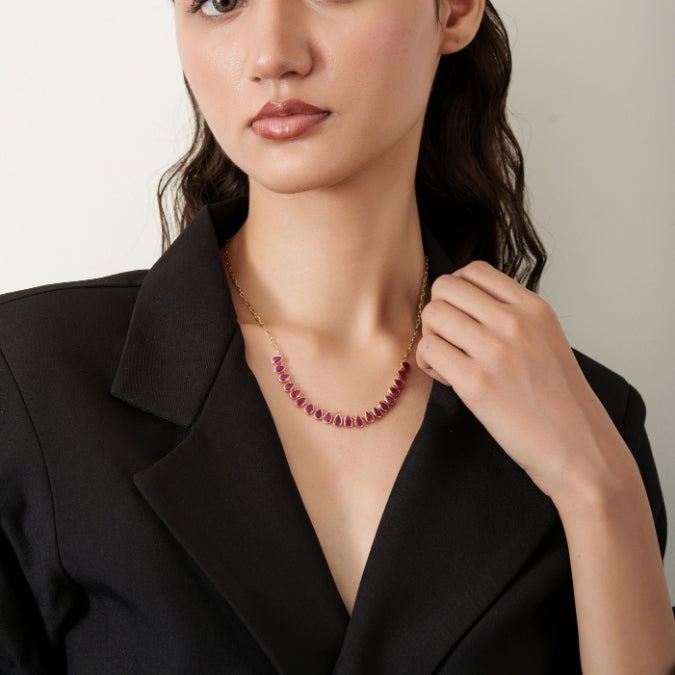 14K Gold Pear Cut Natural Ruby Statement Necklace