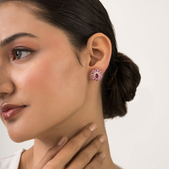 14K Gold Natural Pink Sapphire & Ruby Contemporary Stud Earrings