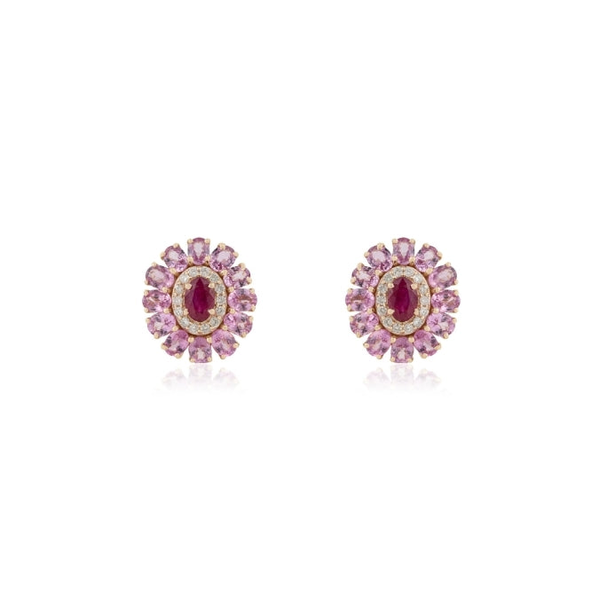 14K Gold Natural Pink Sapphire & Ruby Contemporary Stud Earrings
