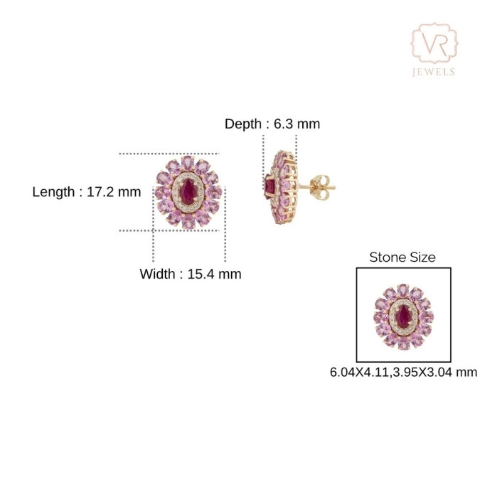 14K Gold Natural Pink Sapphire & Ruby Contemporary Stud Earrings