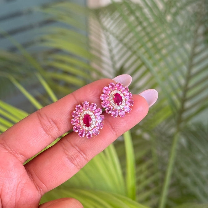 14K Gold Natural Pink Sapphire & Ruby Contemporary Stud Earrings Image