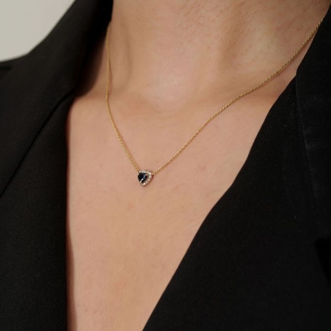 14K Yellow Gold Heart Sapphire Diamond Chain Necklace
