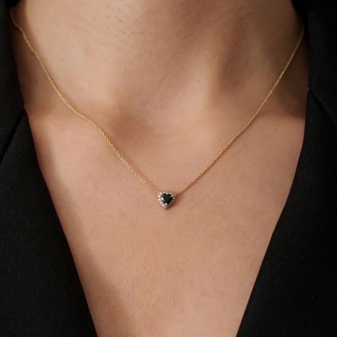 14K Yellow Gold Heart Sapphire Diamond Chain Necklace