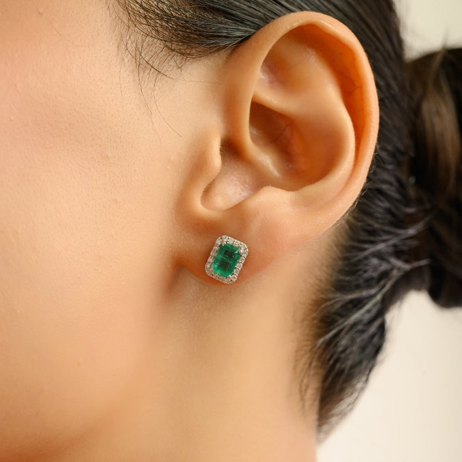 18K Gold Halo Diamond 1.36ct Octagon Emerald Stud Earrings Image