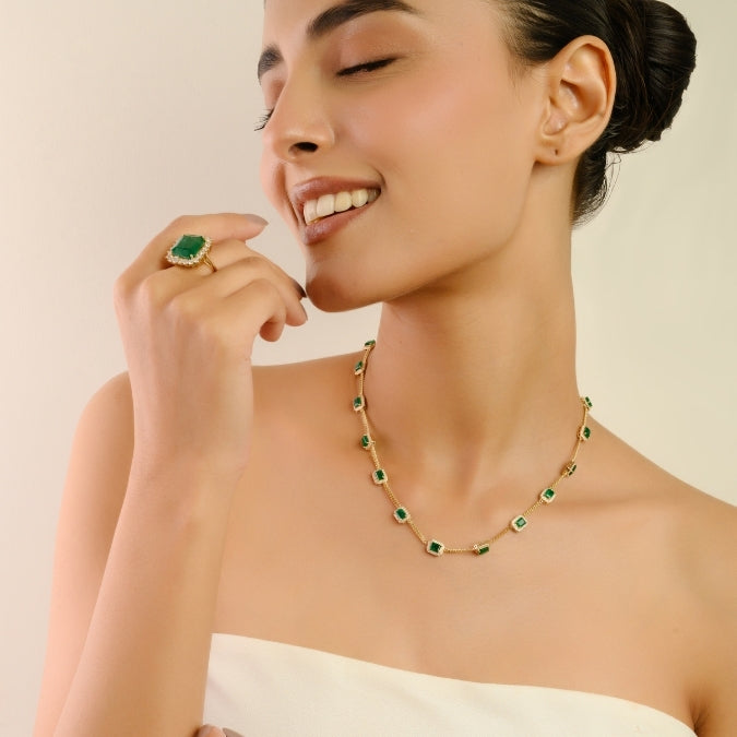 14K Gold Octagon 6.2 Ct Emerald & Diamond Halo Vintage Necklace